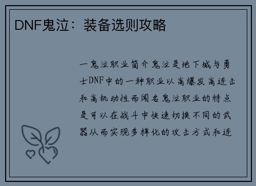 DNF鬼泣：装备选则攻略