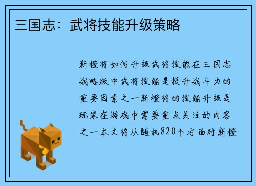 三国志：武将技能升级策略