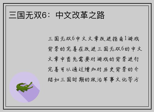 三国无双6：中文改革之路